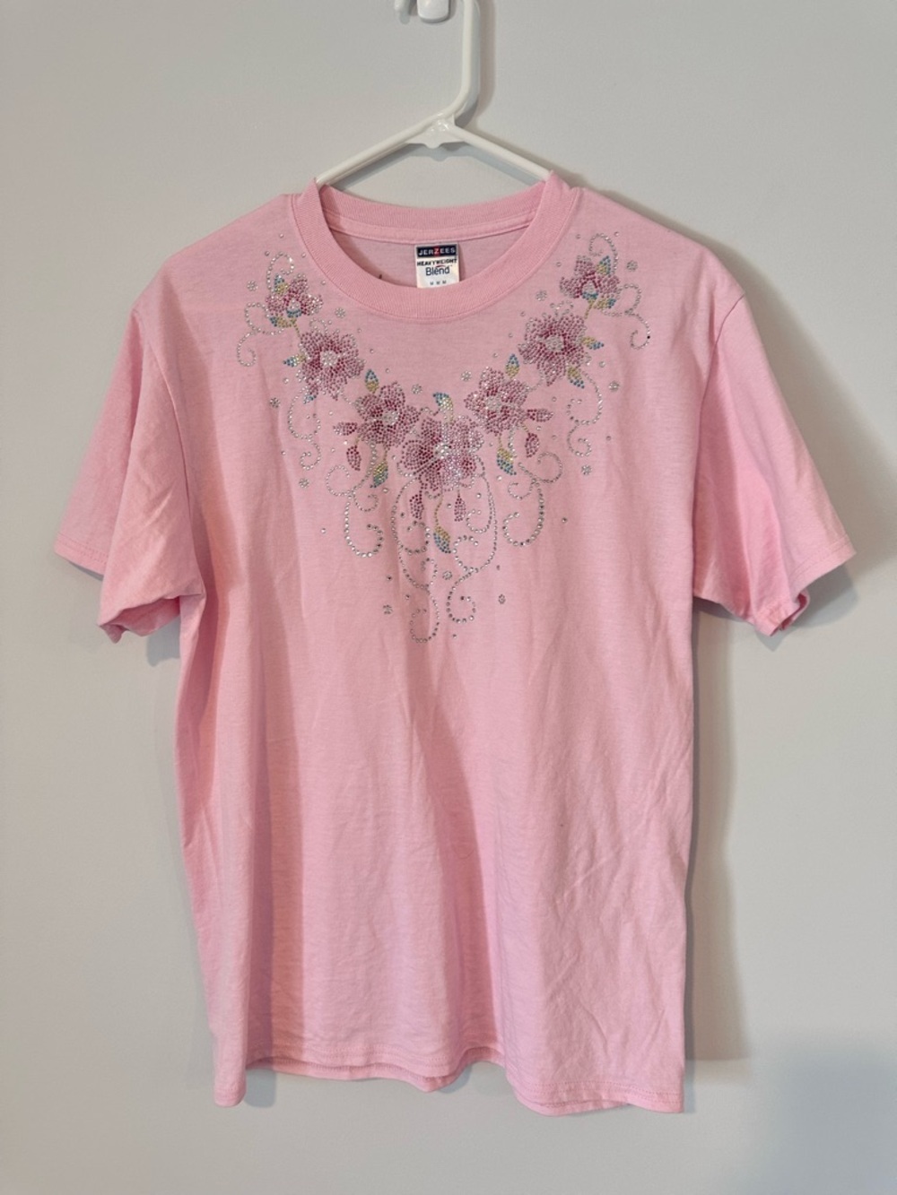 Cottagecore Jerzees Pink Rhinestone Floral Crewneck Tee Medium